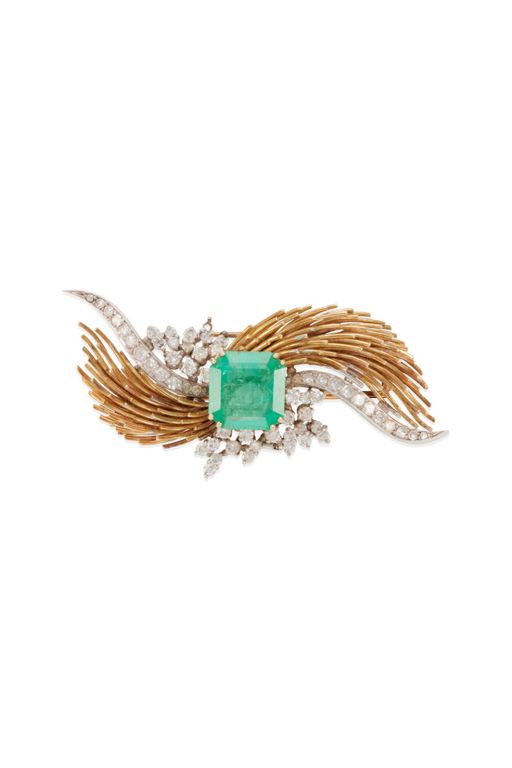 14k Gold Diamond and Emerald Brooch