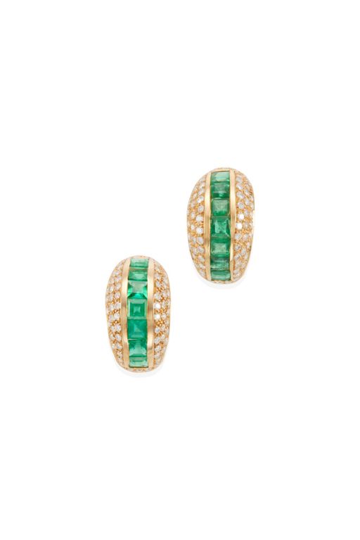 Pair of 18k Gold Emerald and Diamond Earrings