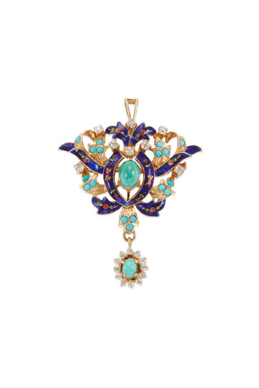 14k Gold Diamond and Turquoise Brooch Pendant