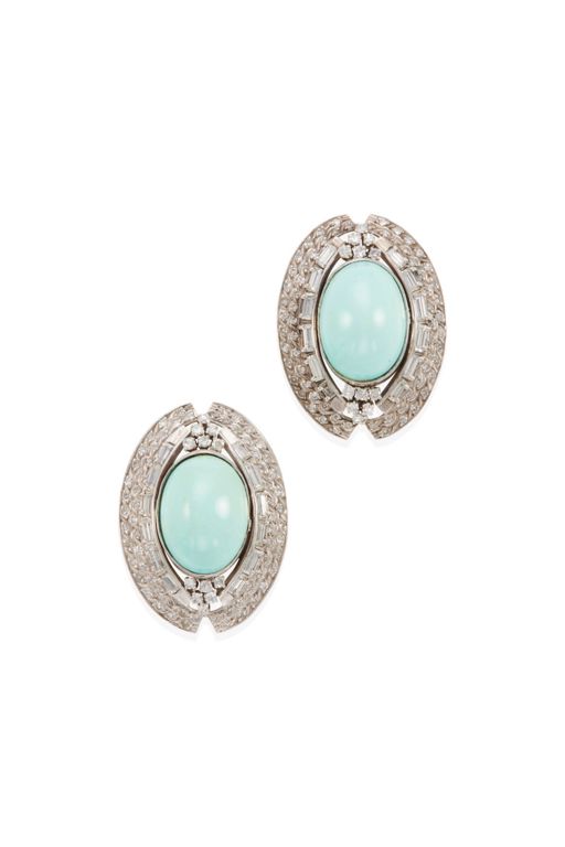 Pair of Silver Diamond and Turquoise Earrings