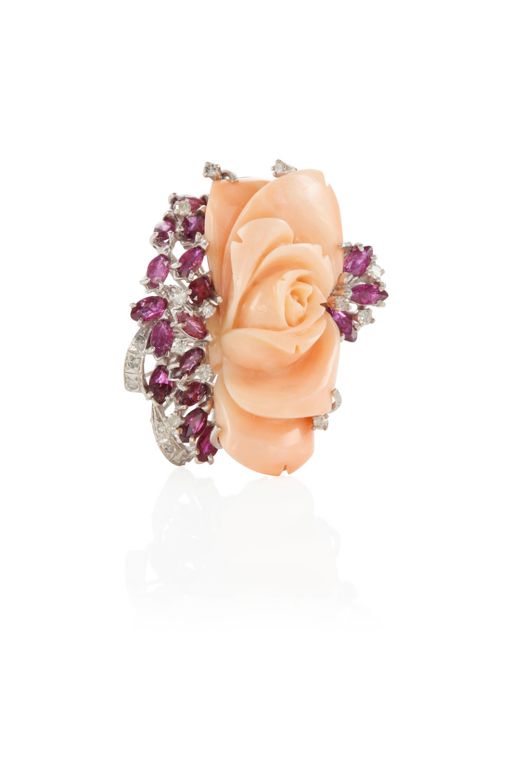 Diamond, Coral and Ruby Ring