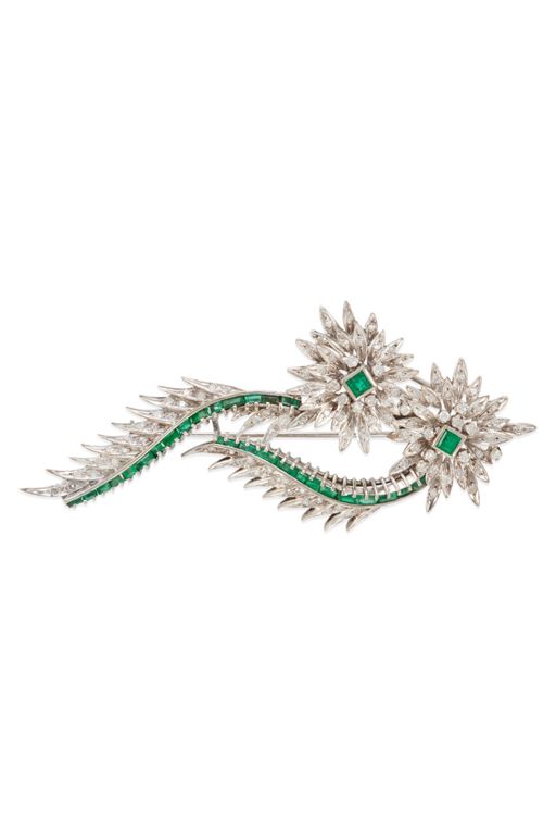 Silver Emerald and Diamond Brooch
