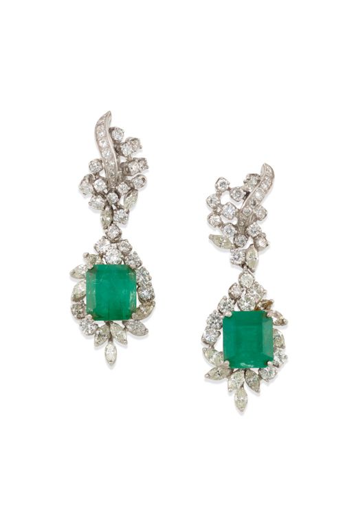 Pair of Silver Emerald and Diamond Earrings