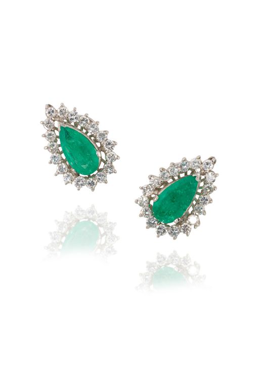 Pair of Silver Emerald and Diamond Earrings
