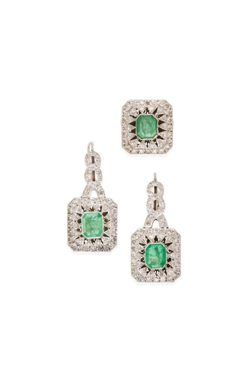 Silver Emerald and Diamond Jewelry Set