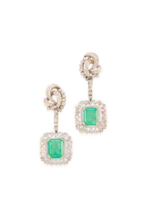 Pair of 14k Gold Emerald and Diamond Earrings