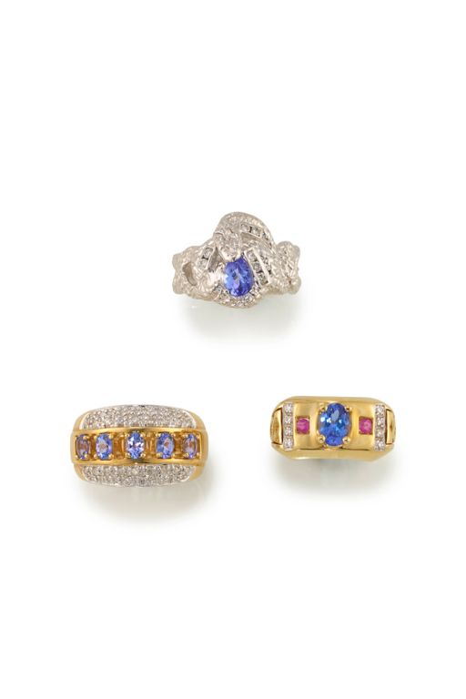 Three Tanzanite, Diamond and Ruby Rings