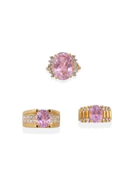 Three 14k Gold Kunzite and Diamond Rings