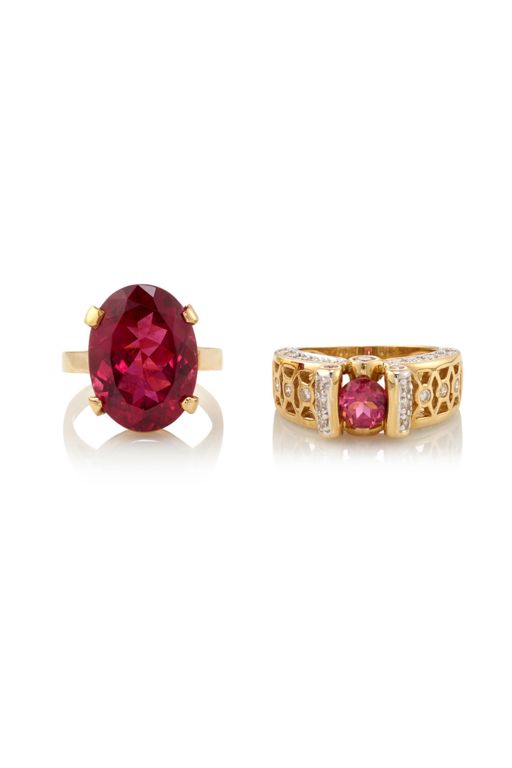 Two 14k Gold Tourmaline and Diamond Rings