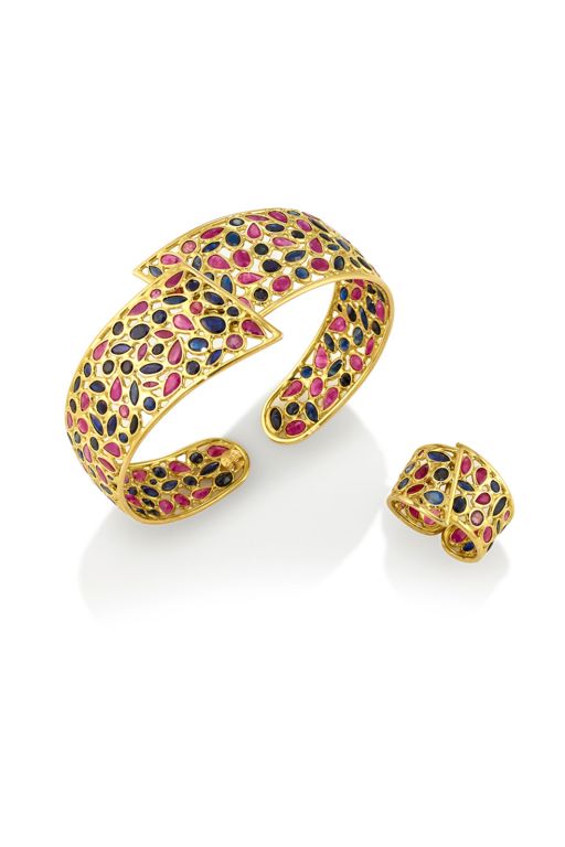 18k Gold Ruby and Sapphire Jewelry Set