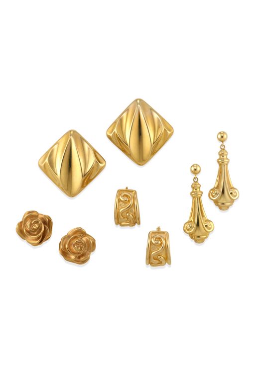 Four Pairs of 14k and 22k Gold Earrings