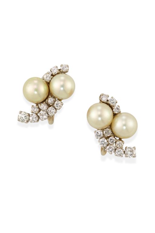 Gold Pearl and Diamond Earrings