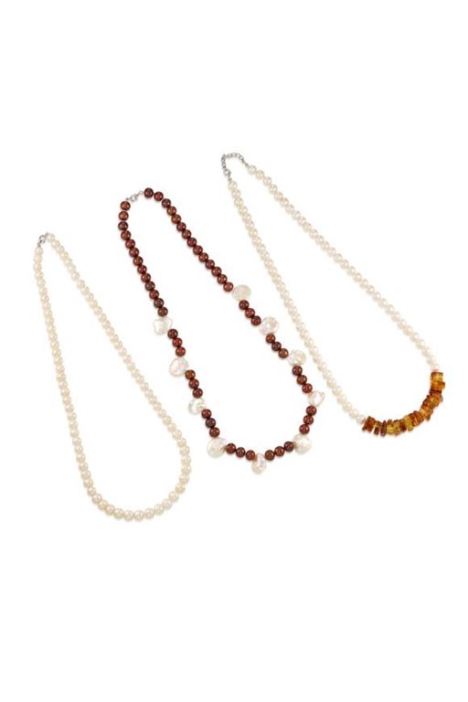 Three Pearl and Amber Necklaces