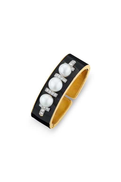 Gold and Platinum Pearl and Diamond Cuff Bracelet
