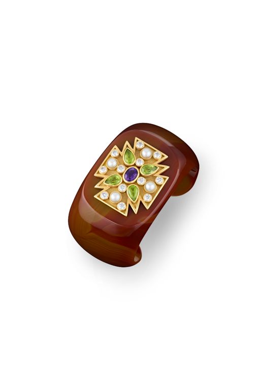 Yellow Gold Multi-Gem Maltese Cross Cuff Bracelet