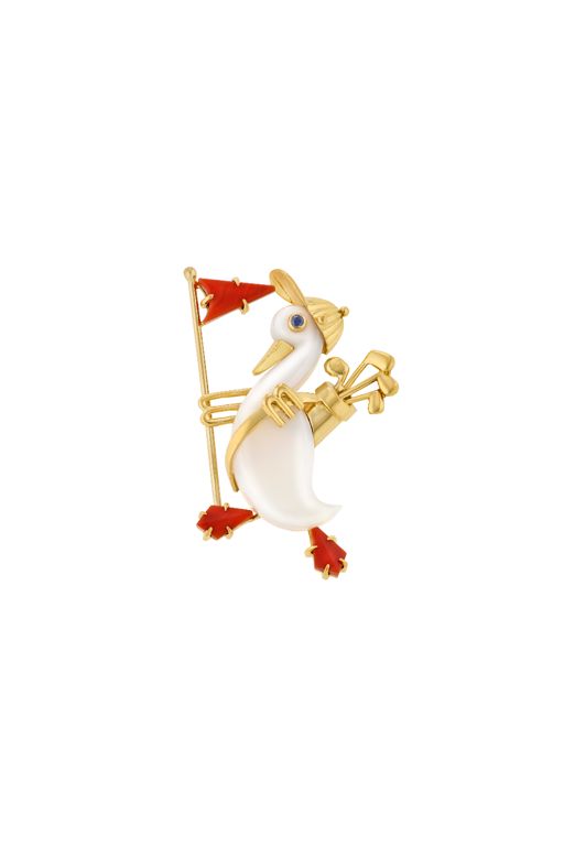 18k Gold Chalcedony, Coral and Sapphire Brooch