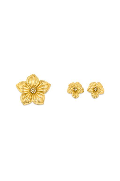 18k Yellow Gold Diamond Flower Jewelry Set