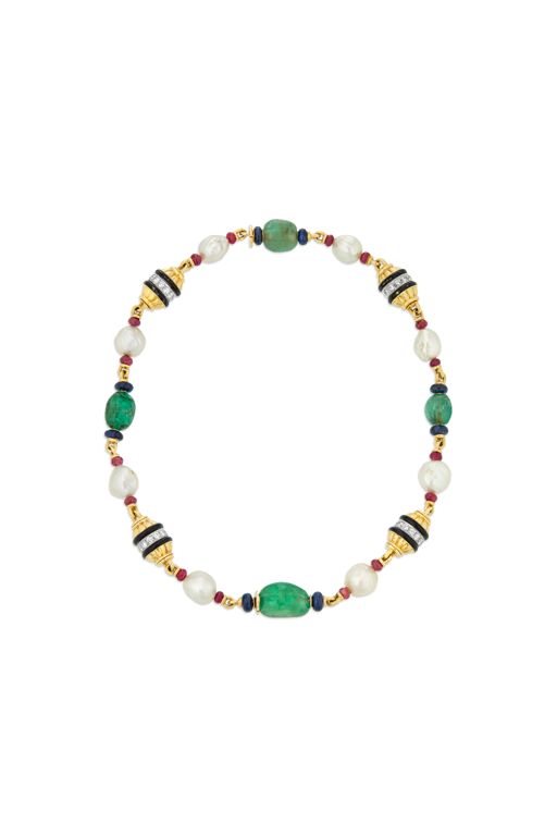Platinum and 18k Yellow Gold Multi-Gem Necklace