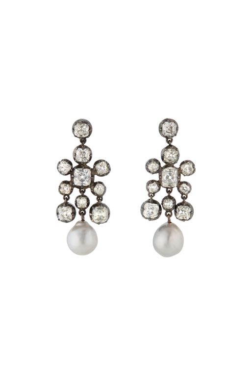 Silver-Topped Gold Diamond and Pearl Earrings