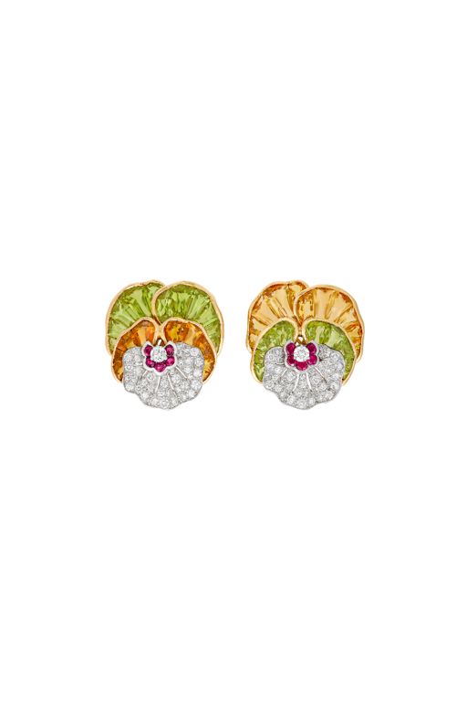 18k Gold and Platinum Multi-Gem Pansy Earrings
