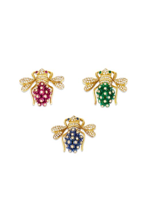Three 18k Yellow Gold Multi-Gem Bee Brooches