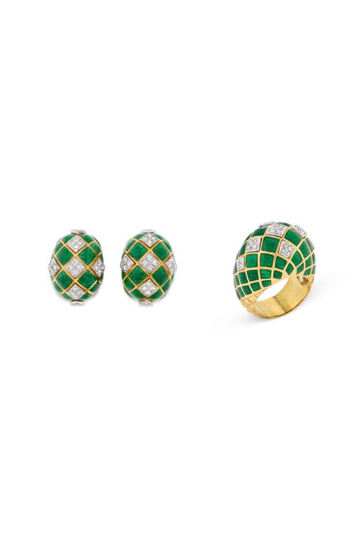 Gold and Platinum Diamond and Enamel Jewelry Set