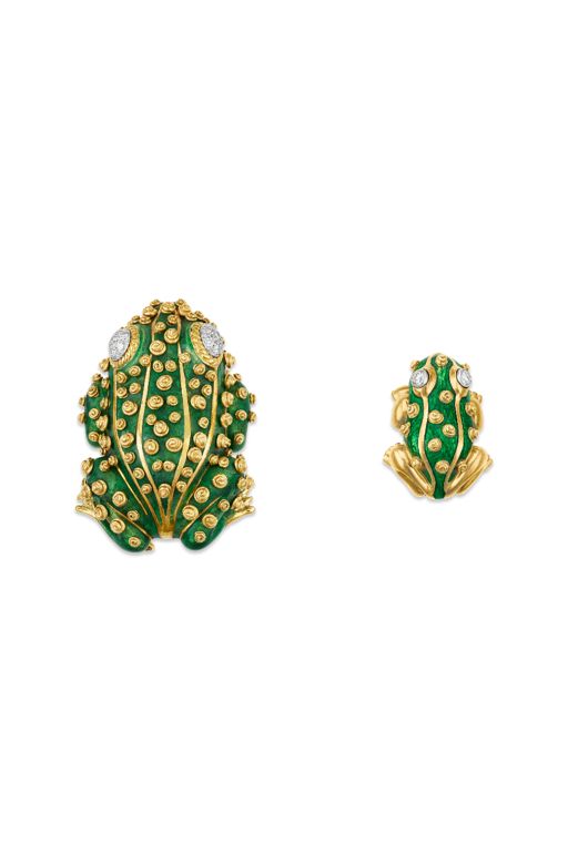 Two 18k Gold Enamel and Diamond Frog Brooches