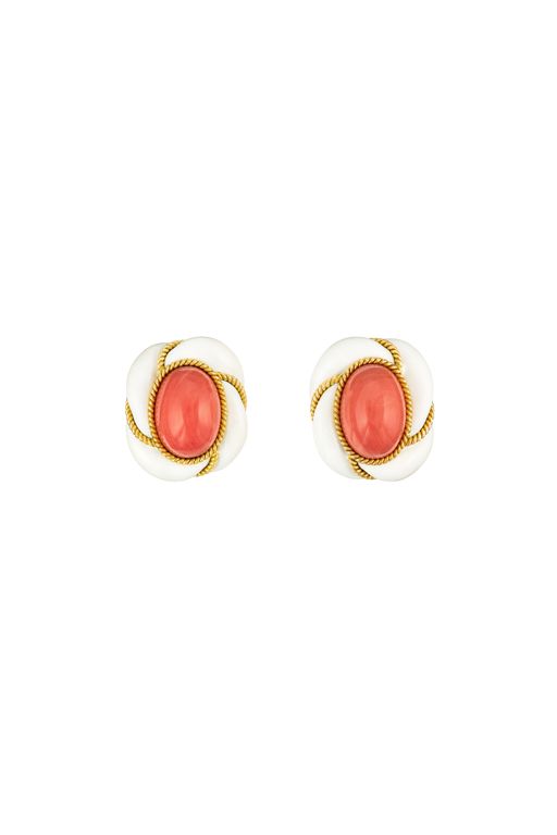 18k Yellow Gold Coral and Enamel Earrings