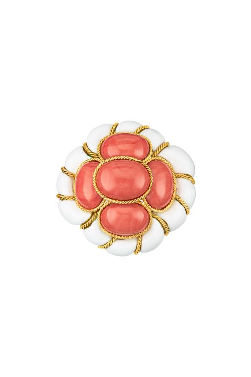 18k Yellow Gold Coral and Enamel Brooch