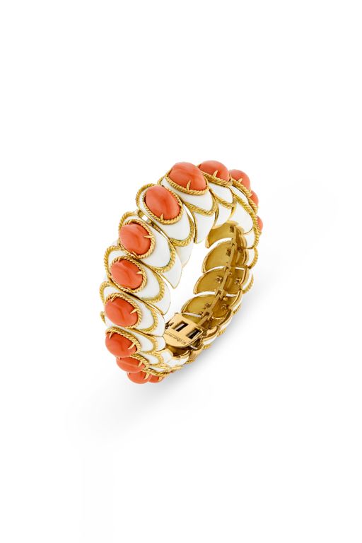 18k Yellow Gold Coral and Enamel Bracelet