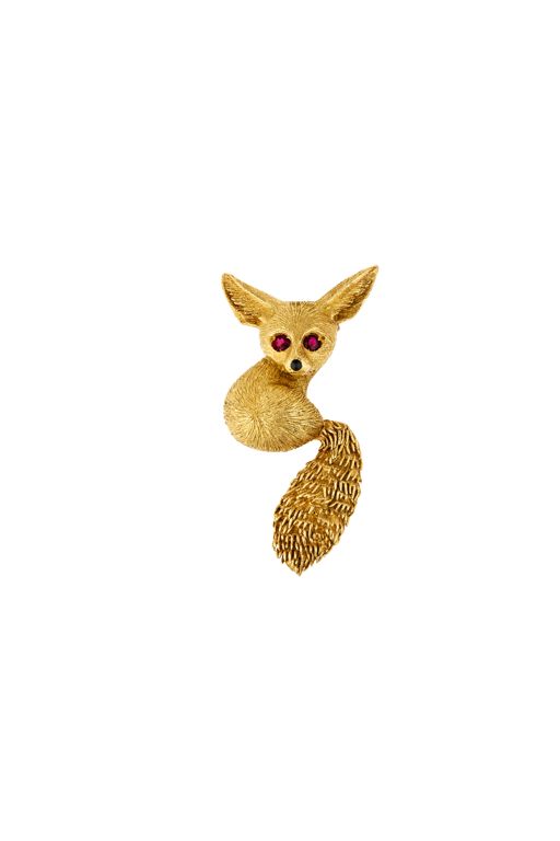18k Yellow Gold Ruby and Onyx Fennec Fox Brooch