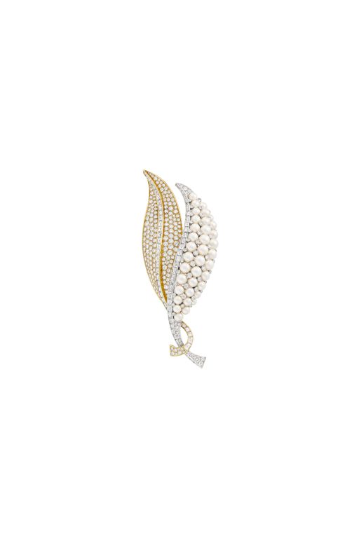 Two-Tone Gold Pearl and Diamond Double-Leaf Brooch