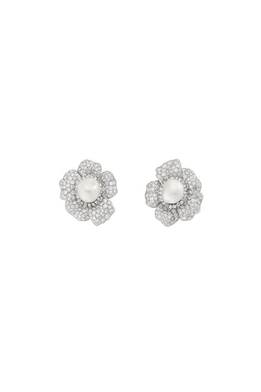 Platinum Pearl and Diamond Flower Earrings