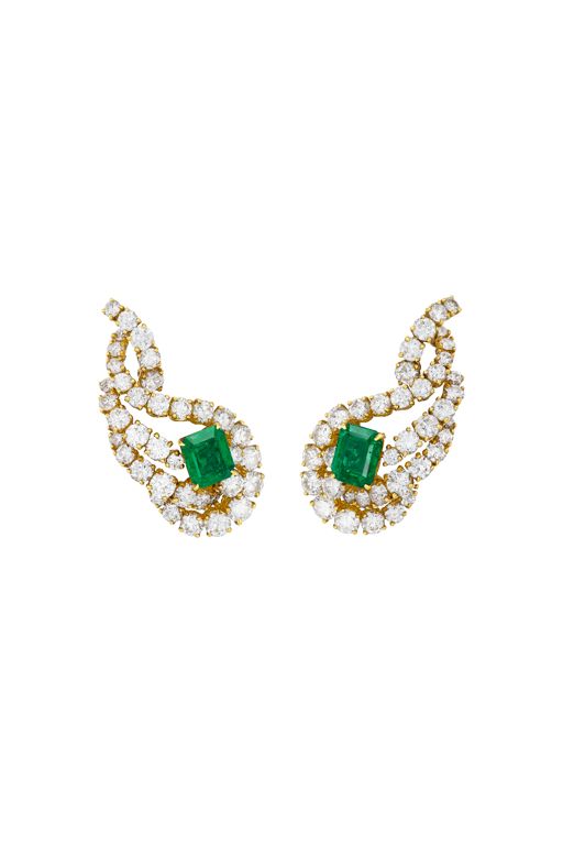 18k Yellow Gold Emerald and Diamond Earrings