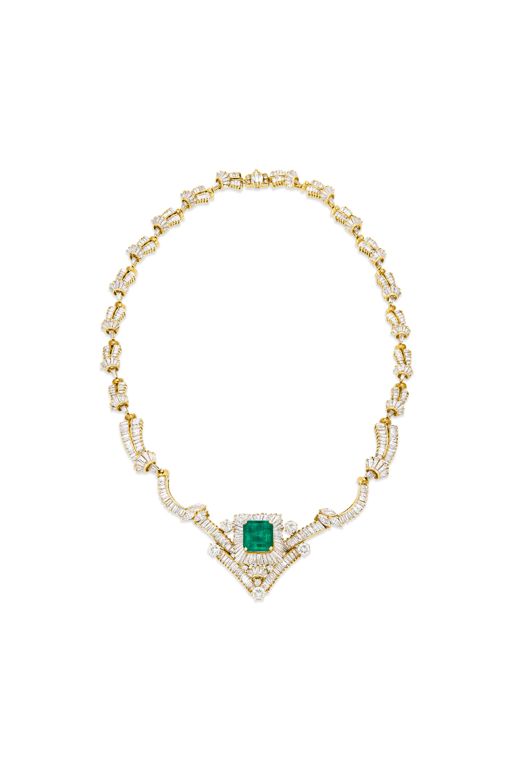 18k Yellow Gold Emerald and Diamond Necklace