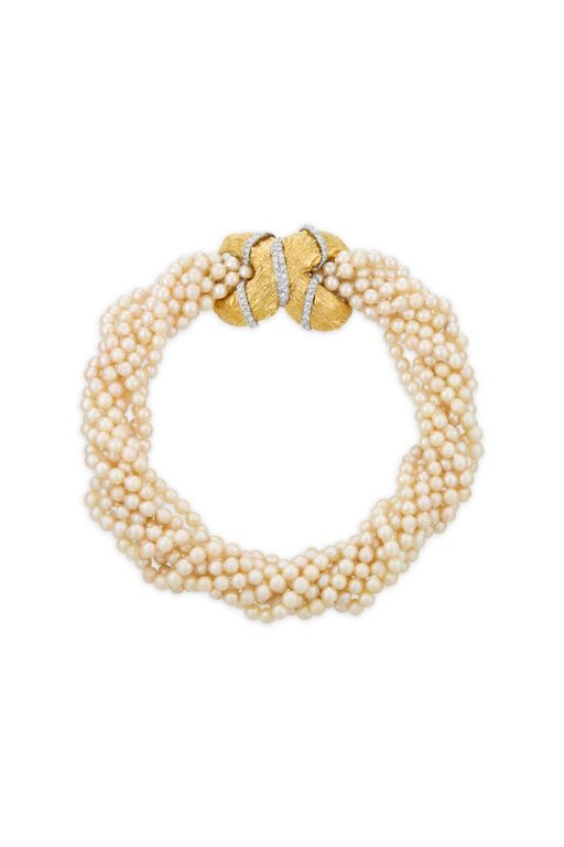 Yellow Gold Pearl and Diamond Torsade Necklace