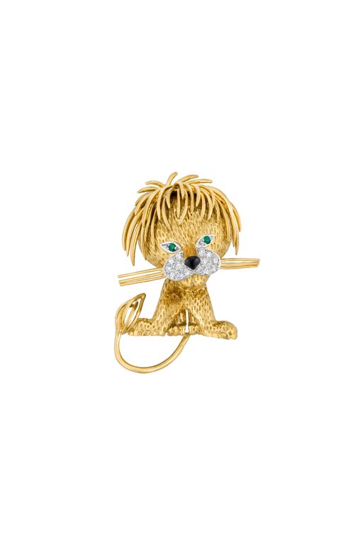 18k Yellow Gold and Platinum Multi-Gem Lion Brooch