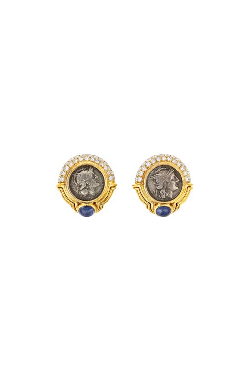 18k Yellow Gold Sapphire and Diamond Coin Earrings