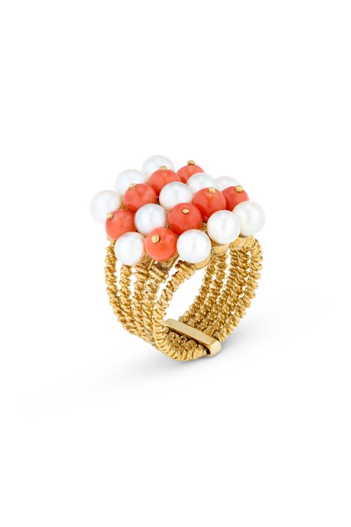 18k Yellow Gold Pearl and Coral Ring