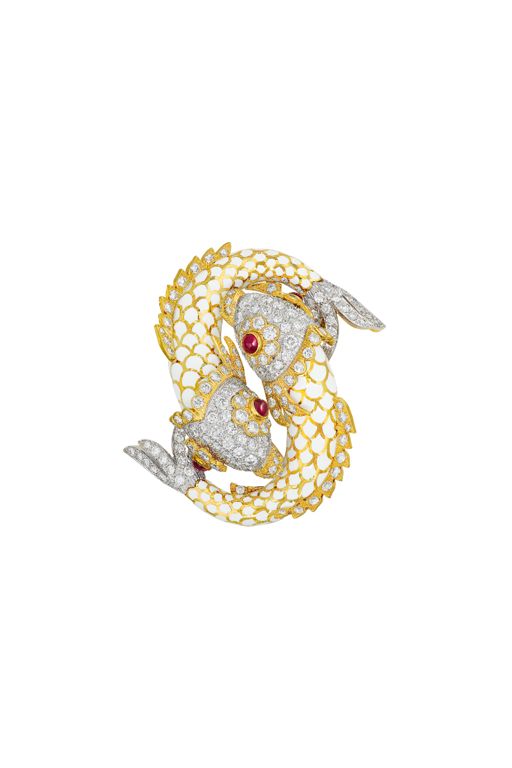 Yellow Gold and Platinum Multi-Gem Pisces Brooch