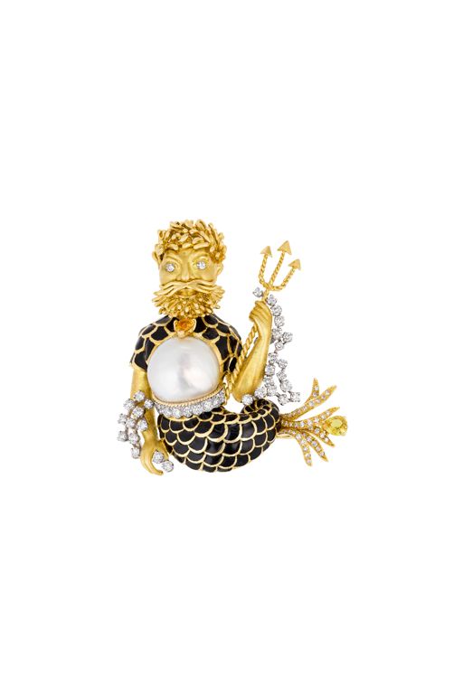Yellow Gold and Platinum Multi-Gem Neptune Brooch