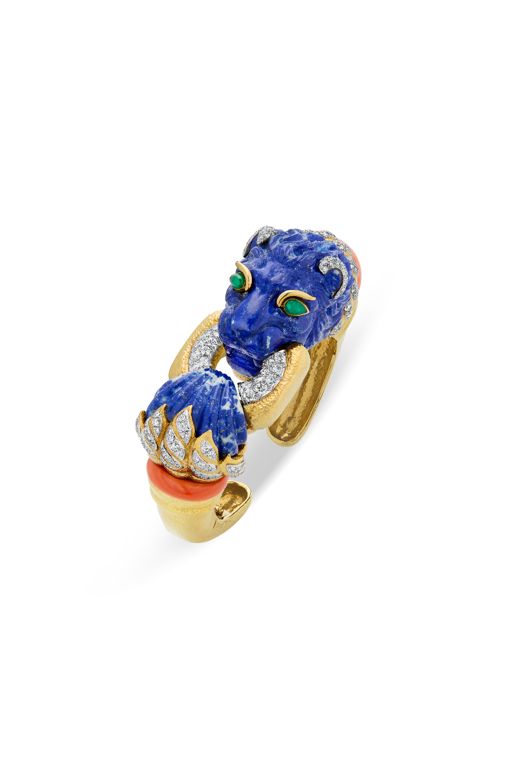 18k Gold and Platinum Multi‑Gem Lion Cuff Bracelet
