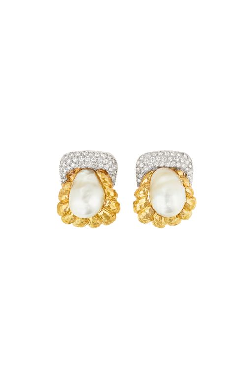 18k Gold and Platinum Pearl and Diamond Earrings