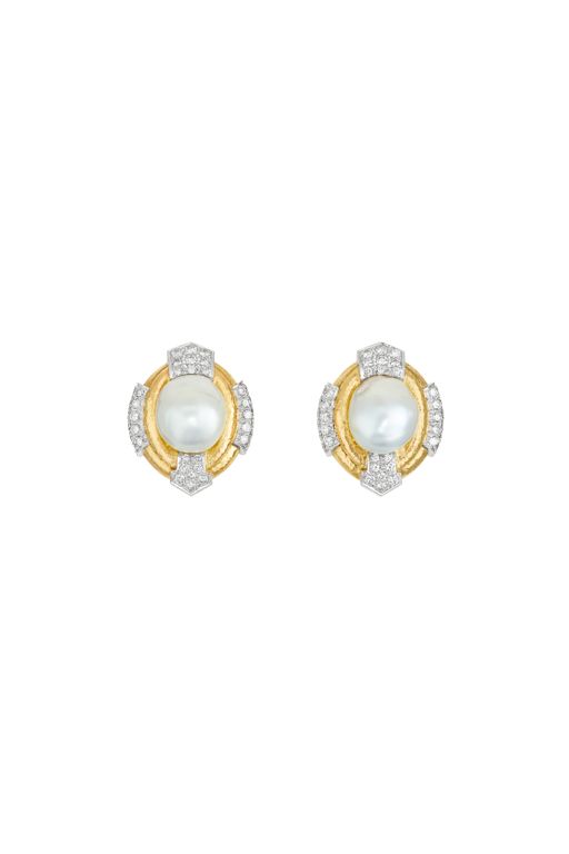18k Gold and Platinum Pearl and Diamond Earrings