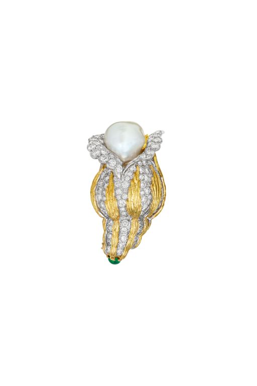 Yellow Gold and Platinum Multi-Gem Shell Brooch