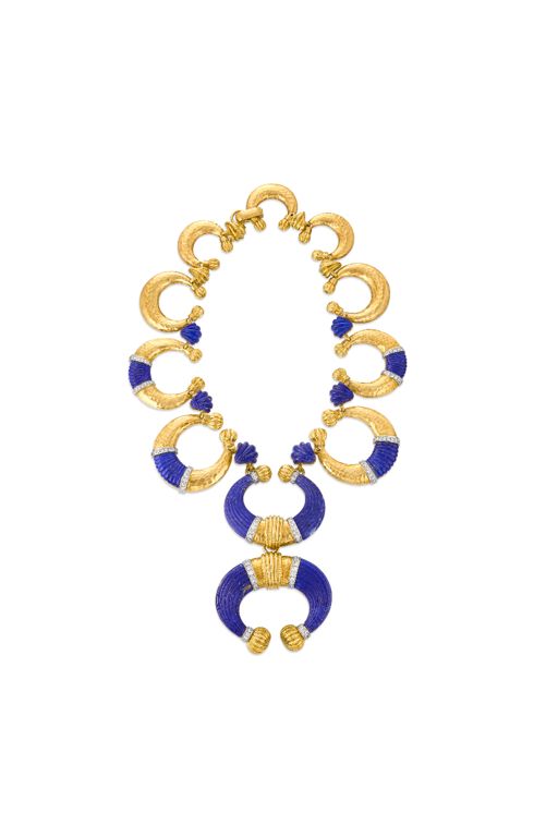 Lapis Lazuli and Diamond Crescent Pendant Necklace