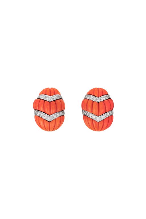18k Gold and Platinum Coral and Diamond Earrings