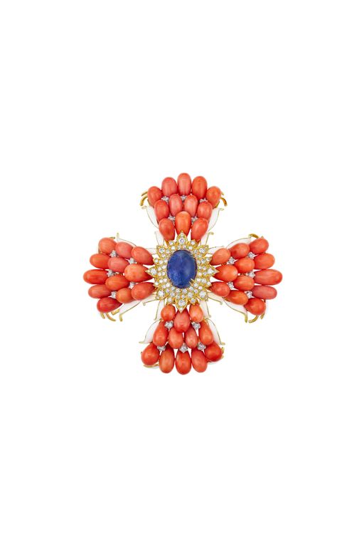 Gold and Platinum Multi-Gem Maltese Cross Brooch
