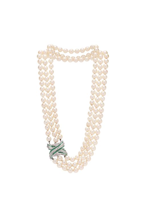 18k Gold Pearl, Emerald and Diamond Necklace