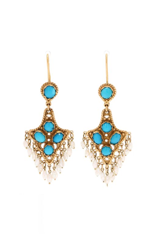 Pair of 18k Gold Turquoise and Pearl Earrings